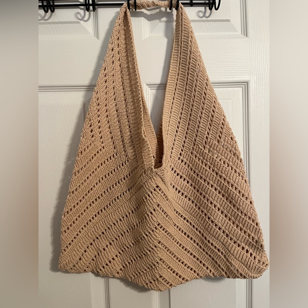 Crochet Knit Tote Bag in Beige